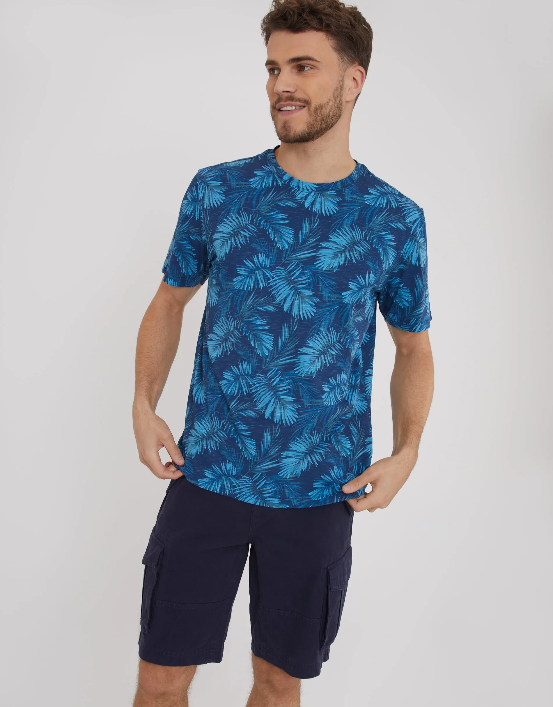Men's Navy Palm Leaf Print T-Shirt sold by Threadbare