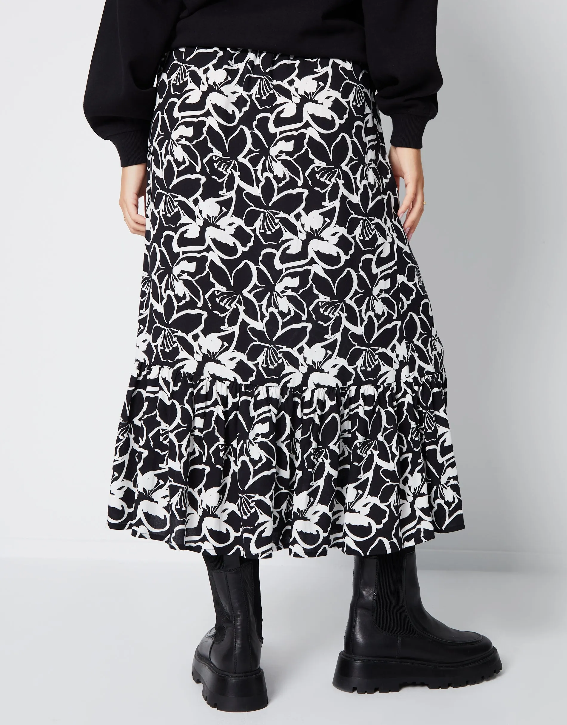 Women's Black Floral Print Drawstring Waist Frill Hem Midi Skirt sold by Threadbare product image thumbnail 2