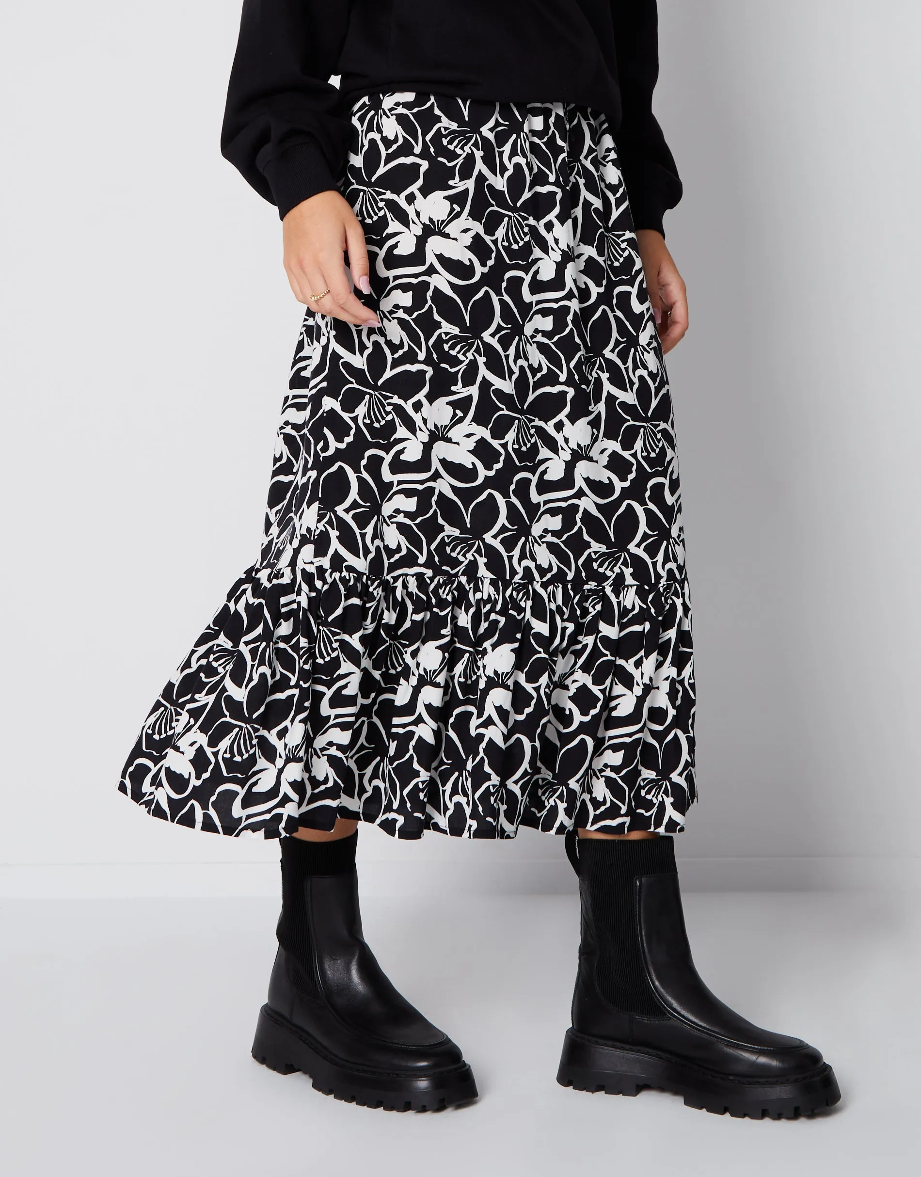 Women's Black Floral Print Drawstring Waist Frill Hem Midi Skirt sold by Threadbare
