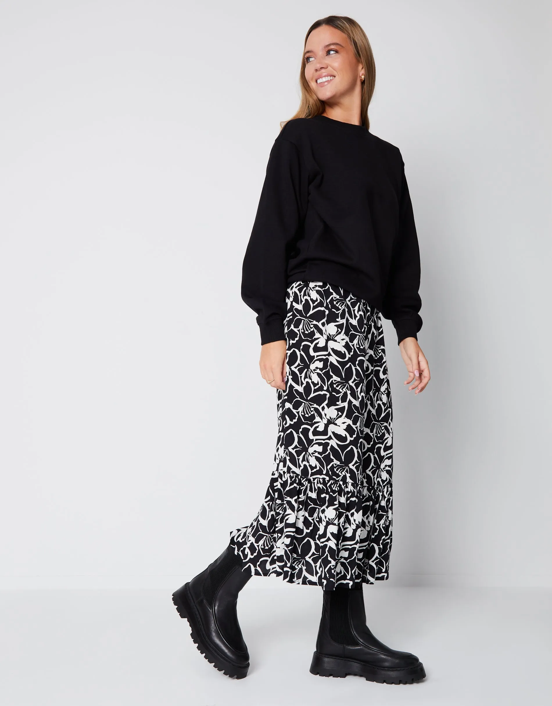 Women's Black Floral Print Drawstring Waist Frill Hem Midi Skirt sold by Threadbare product image thumbnail 3