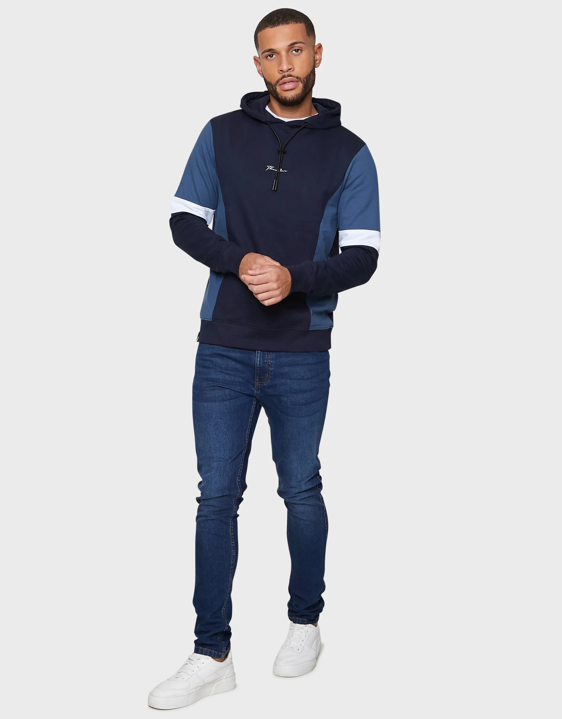 Men's Navy Colourblock Pullover Hoodie sold by Threadbare product image thumbnail 3