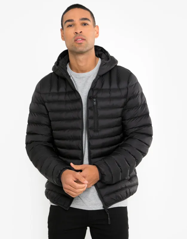 Men's Black Hooded Puffer Jacket sold by Threadbare