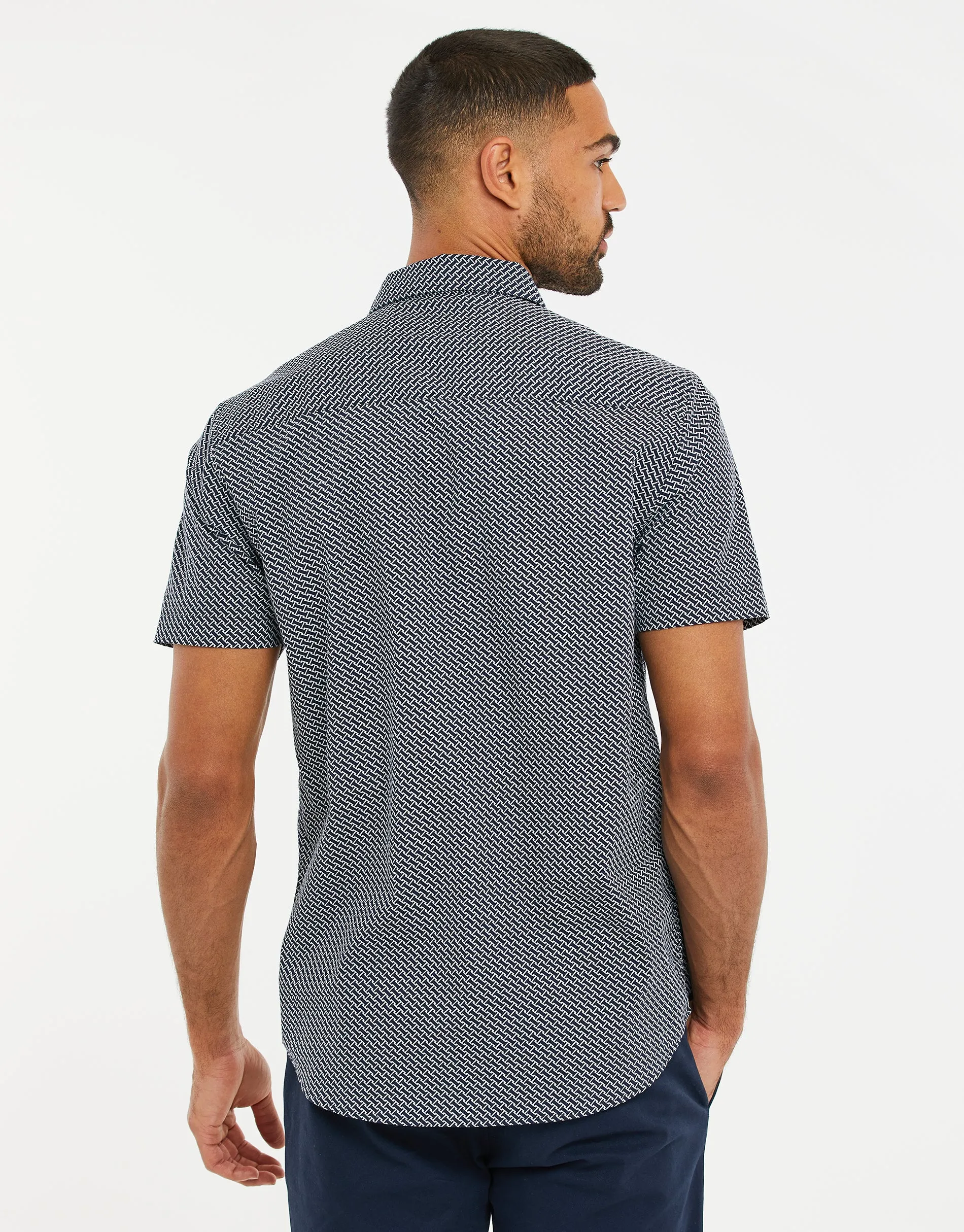 Men's Navy Geo Print Short Sleeve Shirt sold by Threadbare product image thumbnail 2