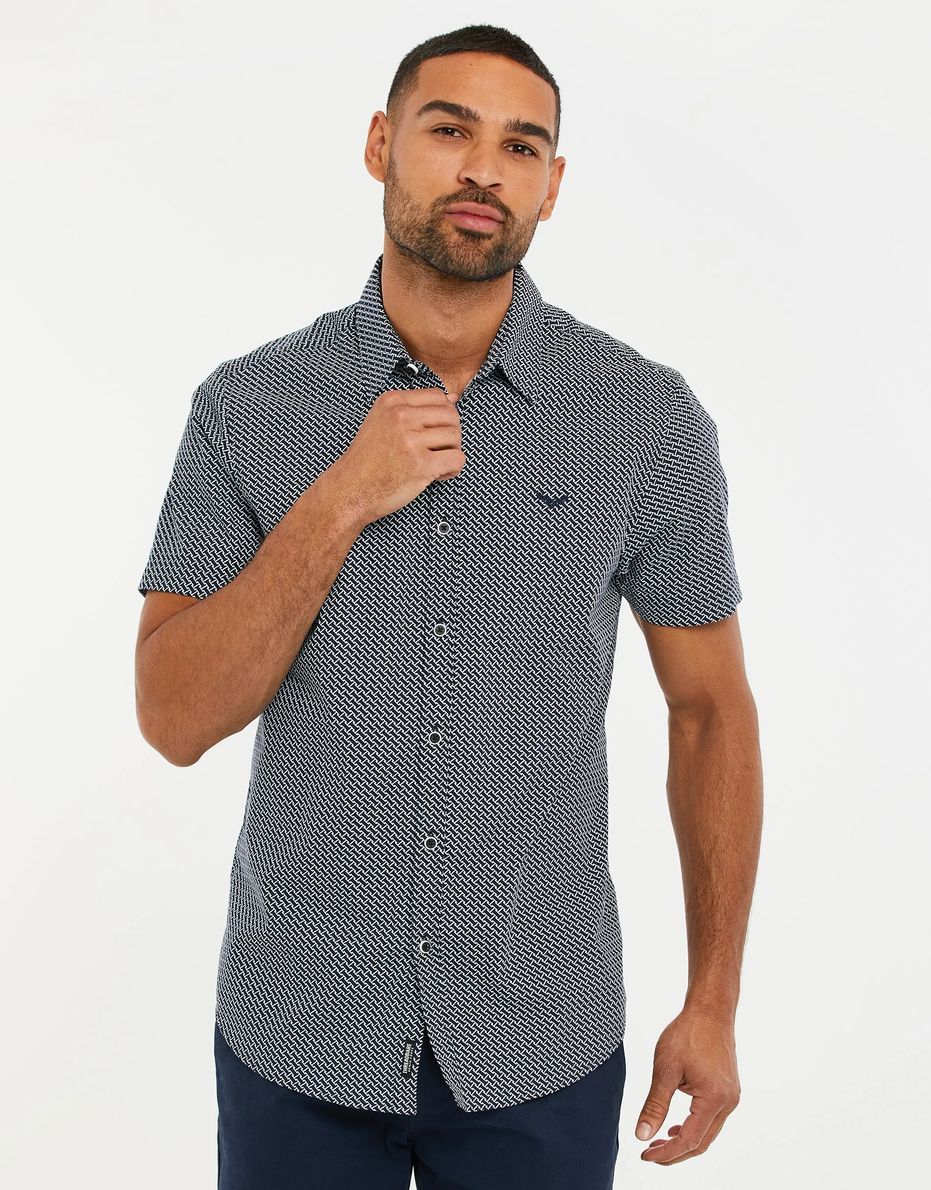 Men's Navy Geo Print Short Sleeve Shirt sold by Threadbare