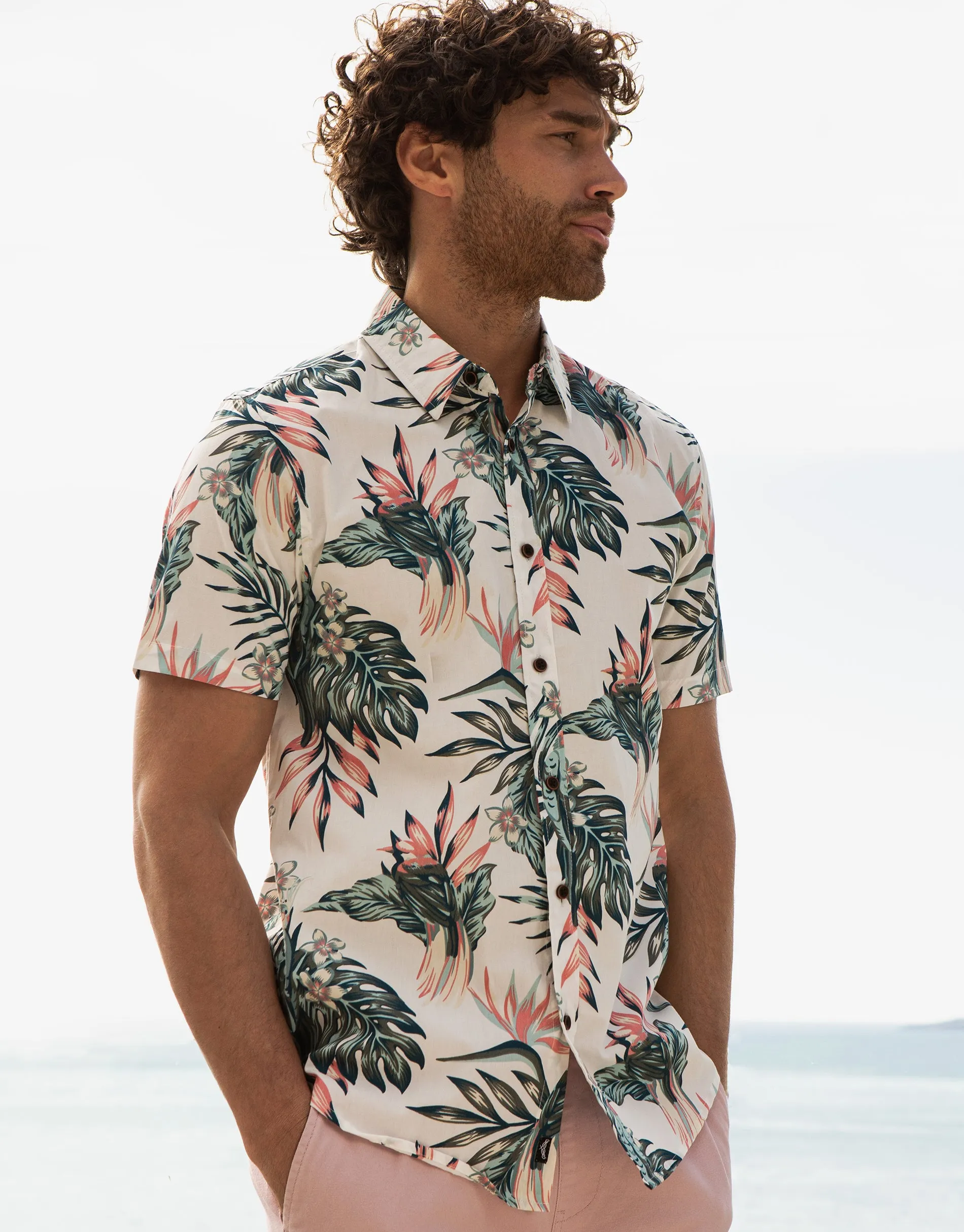 Men's Off White Tropical Print Short Sleeve Shirt sold by Threadbare