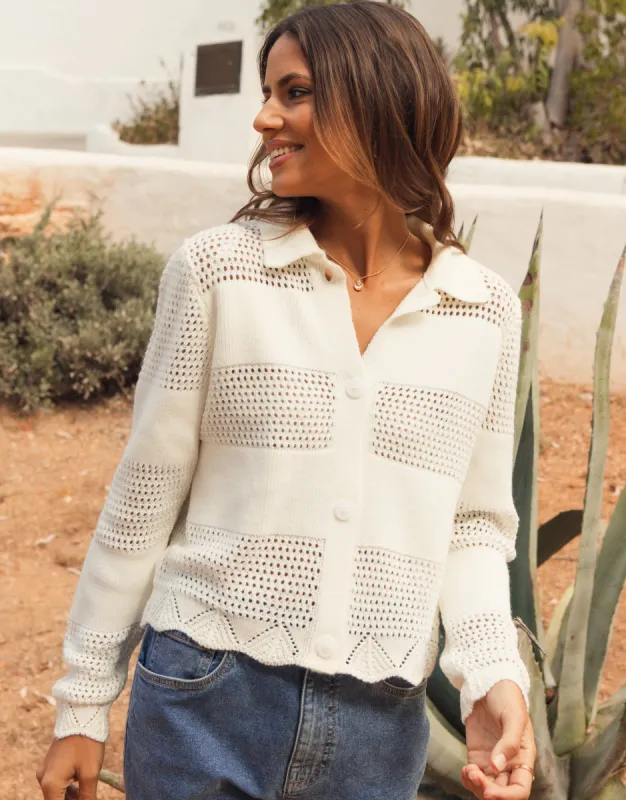 Women's Cream Crochet Pointelle Collared Cardigan sold by Threadbare