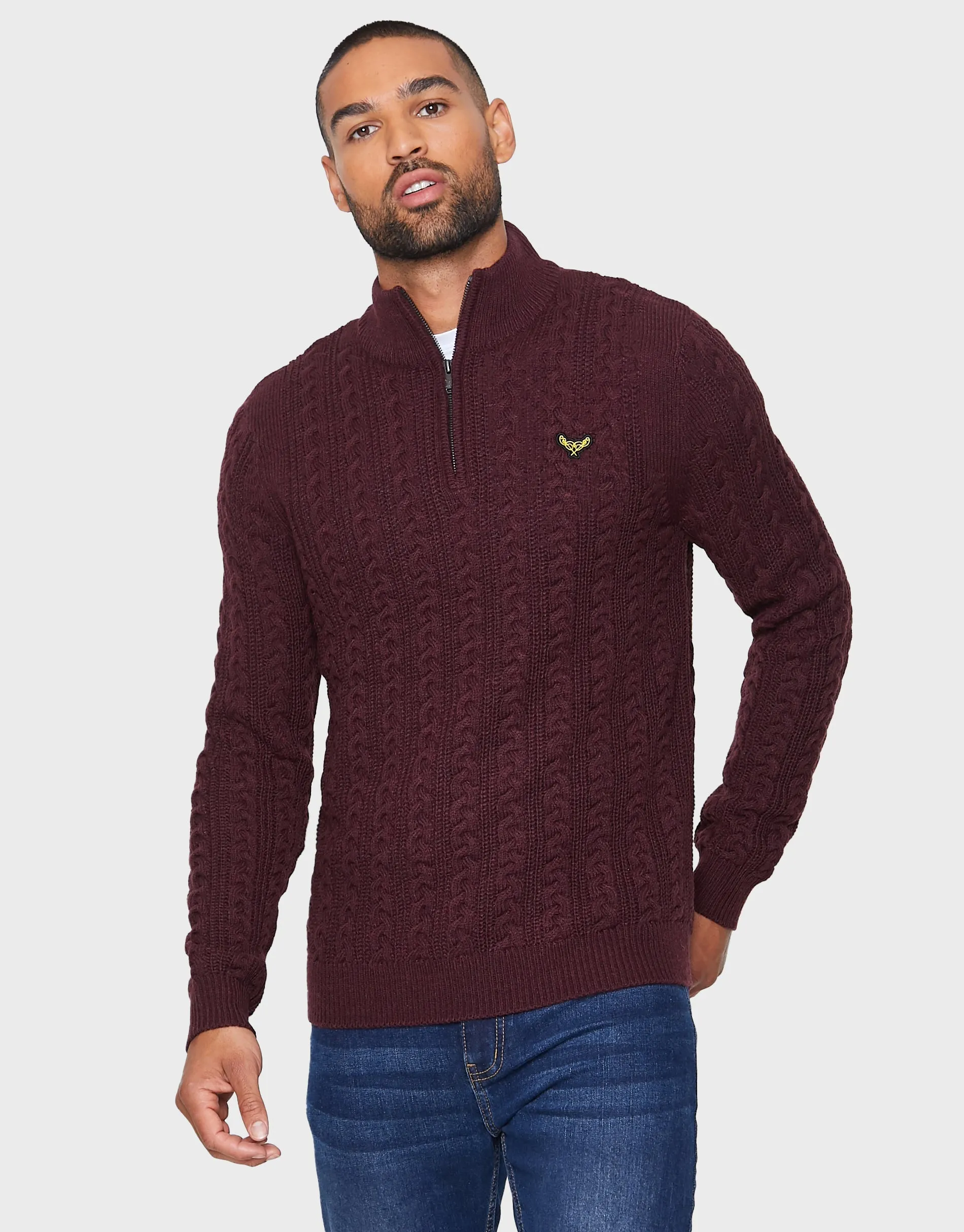 Men's Burgundy Quarter Zip Jumper sold by Threadbare