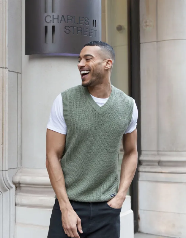 Men's Green Ribbed Knitted Vest sold by Threadbare