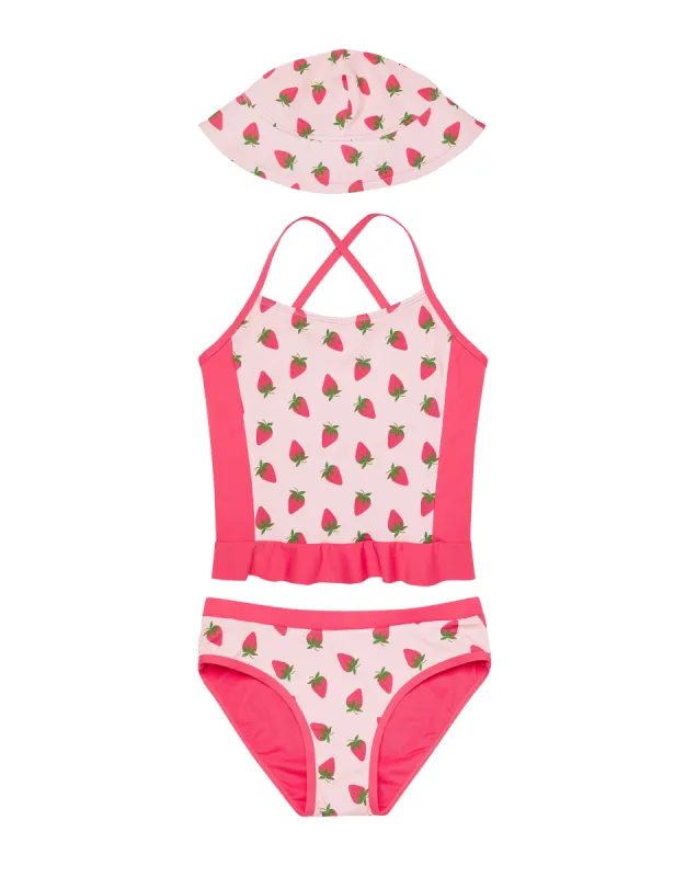Girls' Pink Berry Print Tankini & Hat (3-Piece Set) sold by Threadbare