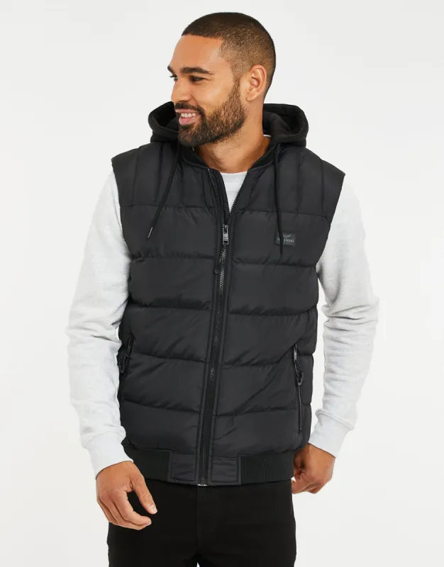 Men's Black Padded Hooded Gilet sold by Threadbare
