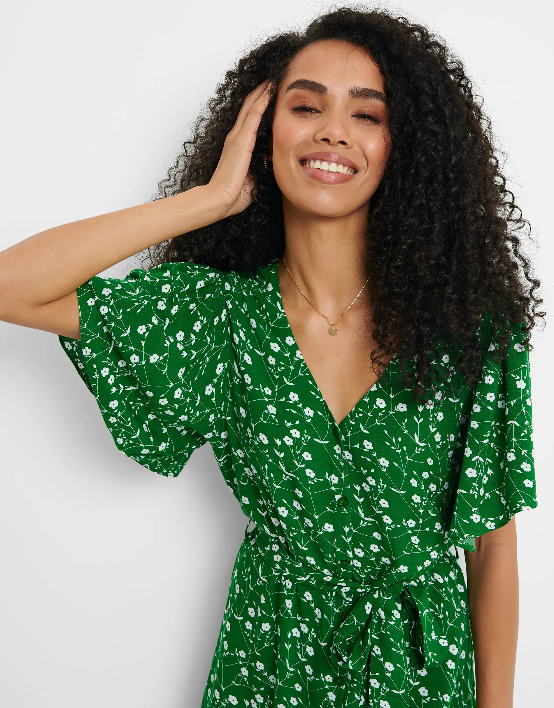 Women's Green Floral Print Flutter Sleeve Midi Dress sold by Threadbare product image thumbnail 3