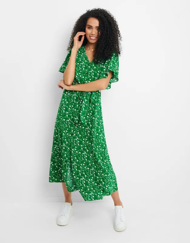 Women's Green Floral Print Flutter Sleeve Midi Dress sold by Threadbare