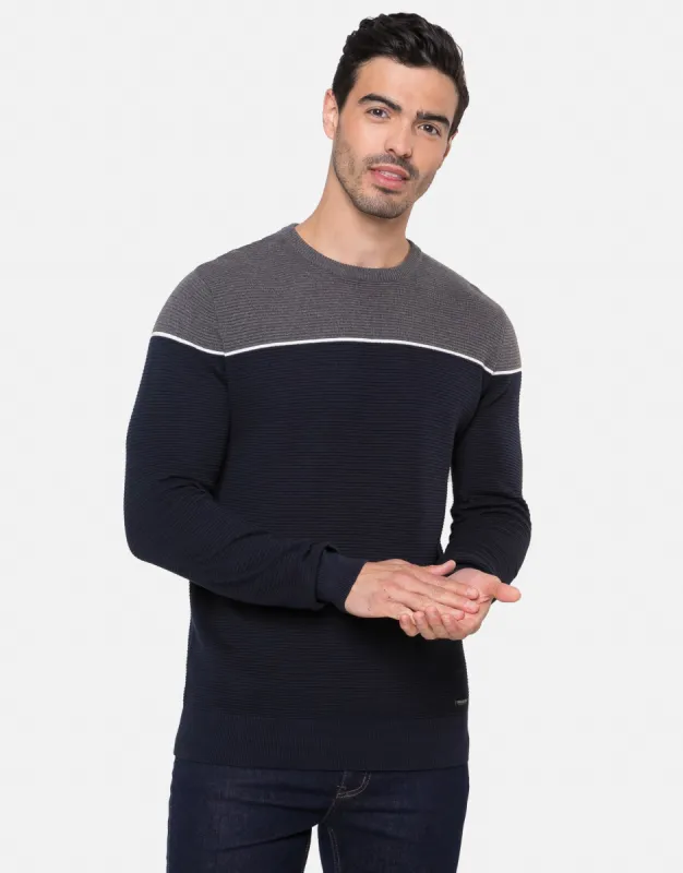 Men's Navy Colourblock Jumper sold by Threadbare