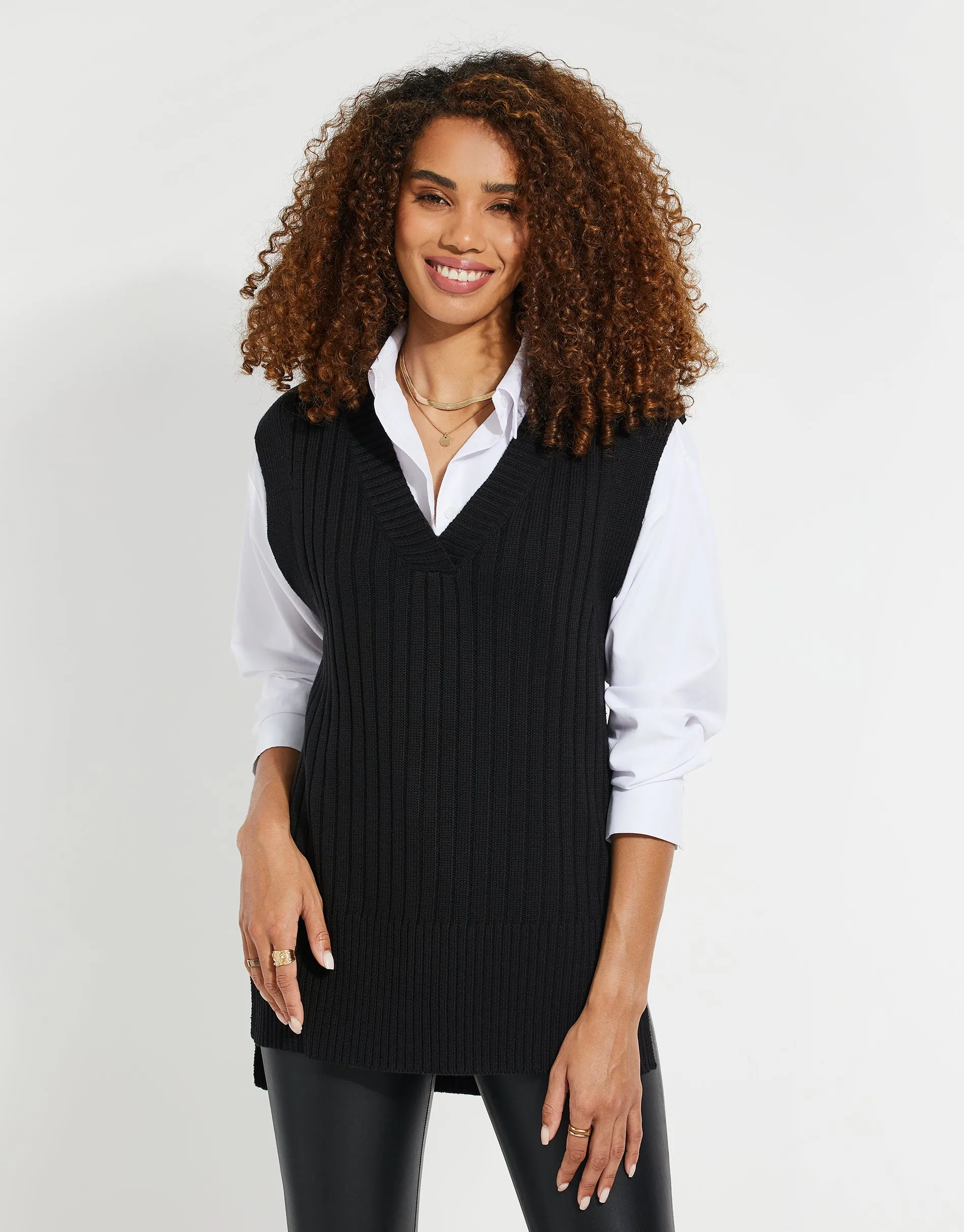 Women's Black V-Neck Ribbed Knitted Sweater Vest sold by Threadbare