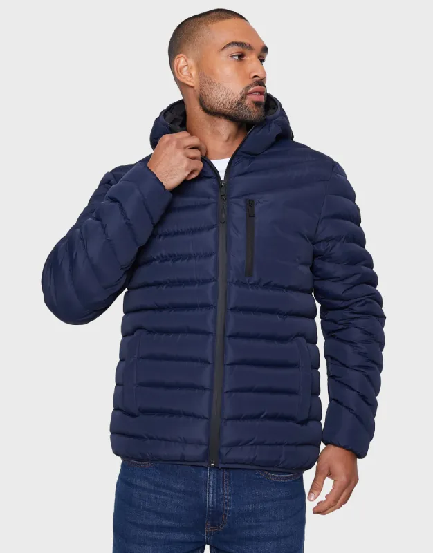 Men's Navy Hooded Puffer Jacket sold by Threadbare