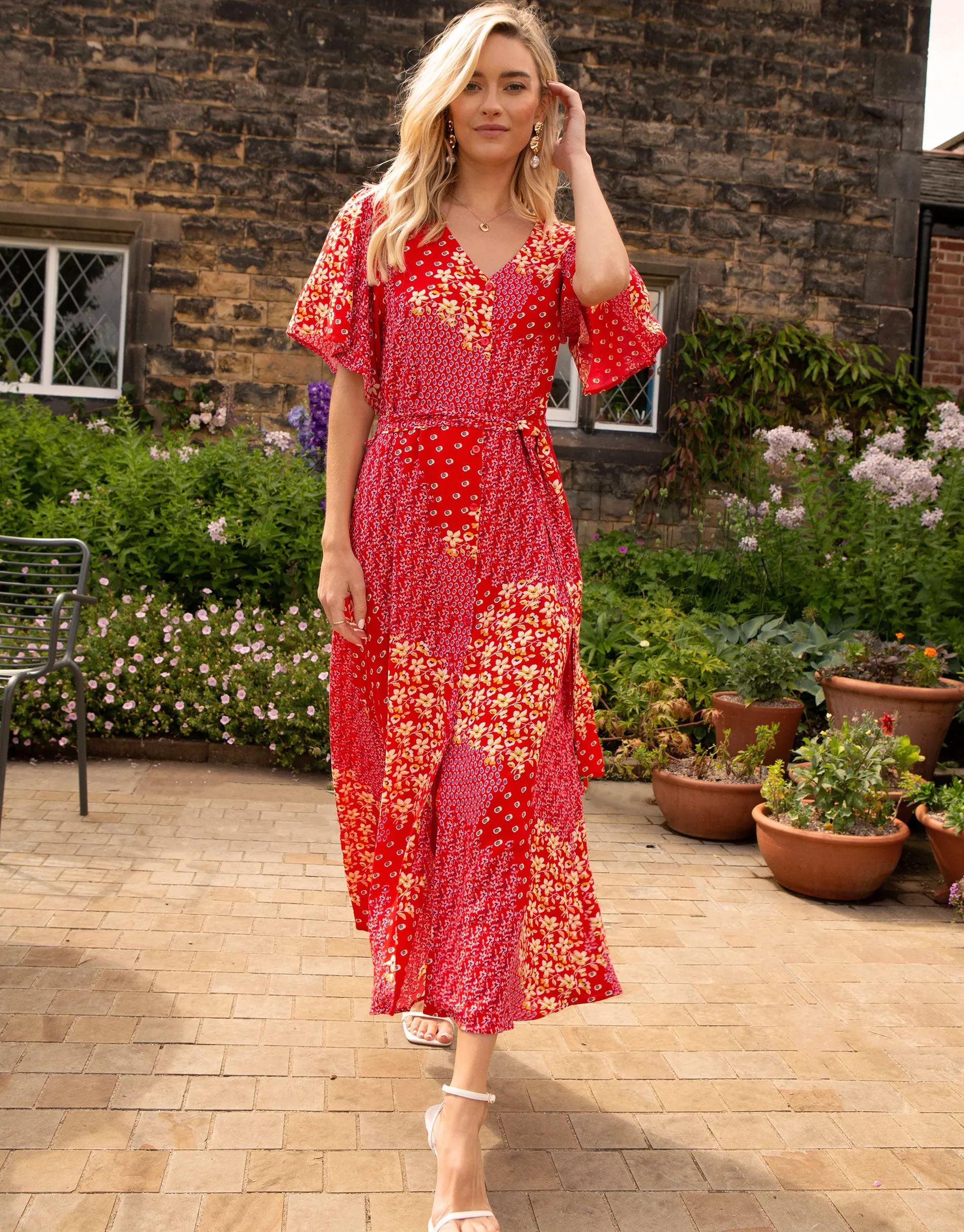 Women's Red Floral Print Flutter Sleeve Midi Dress sold by Threadbare product image thumbnail 3