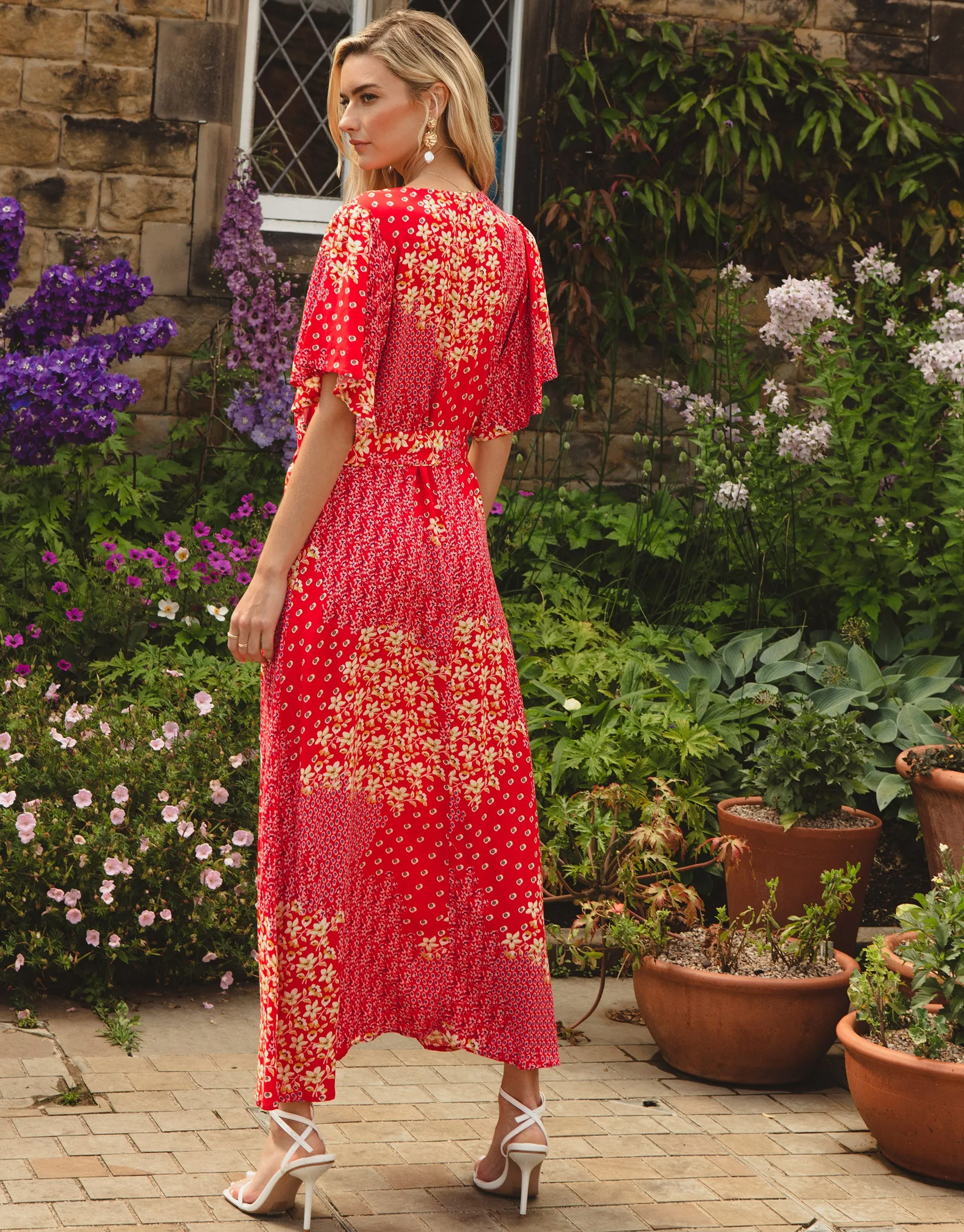 Women's Red Floral Print Flutter Sleeve Midi Dress sold by Threadbare product image thumbnail 2