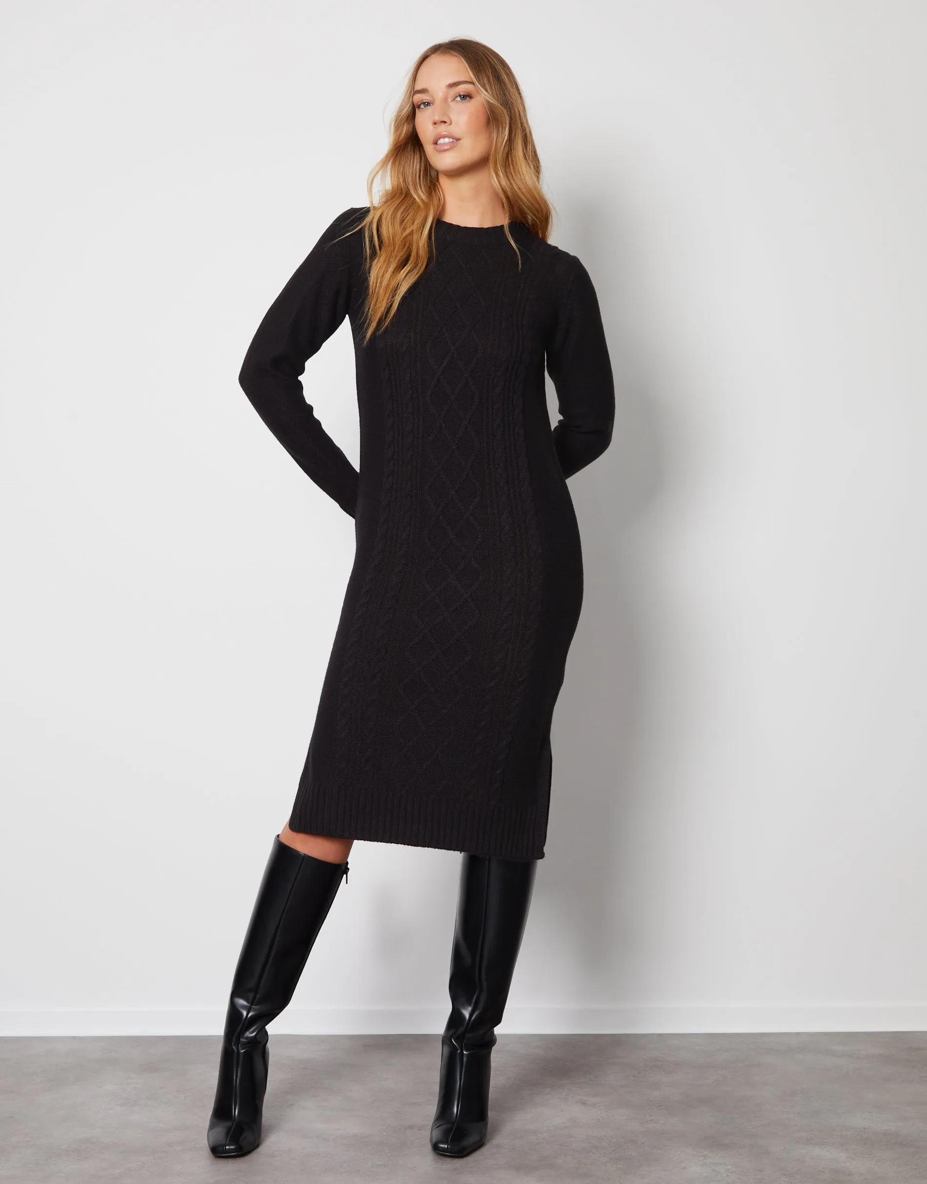 Womens Black Cable Knit Midi Dress sold by Threadbare