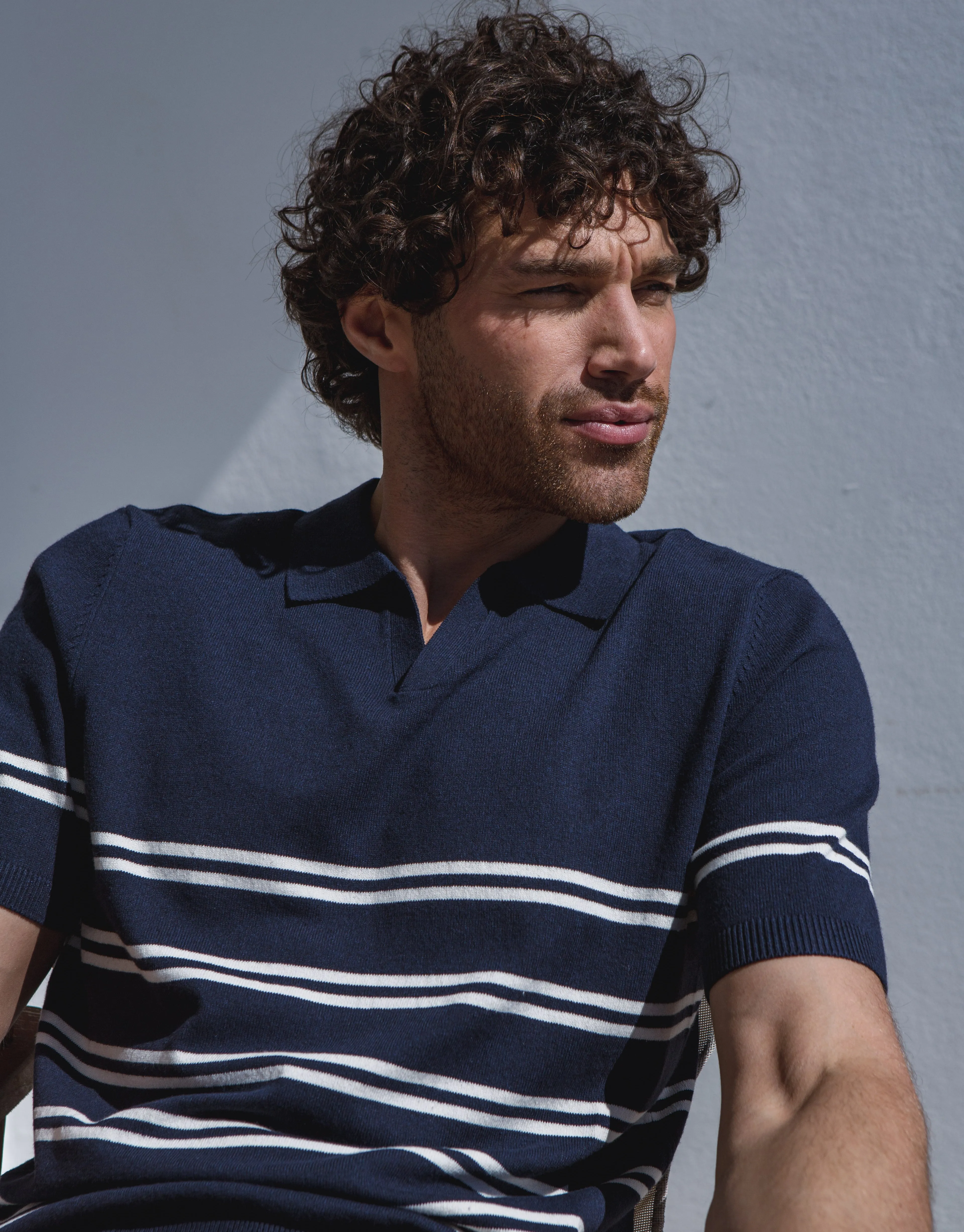 Men's Navy Striped Knitted Polo sold by Threadbare product image thumbnail 5