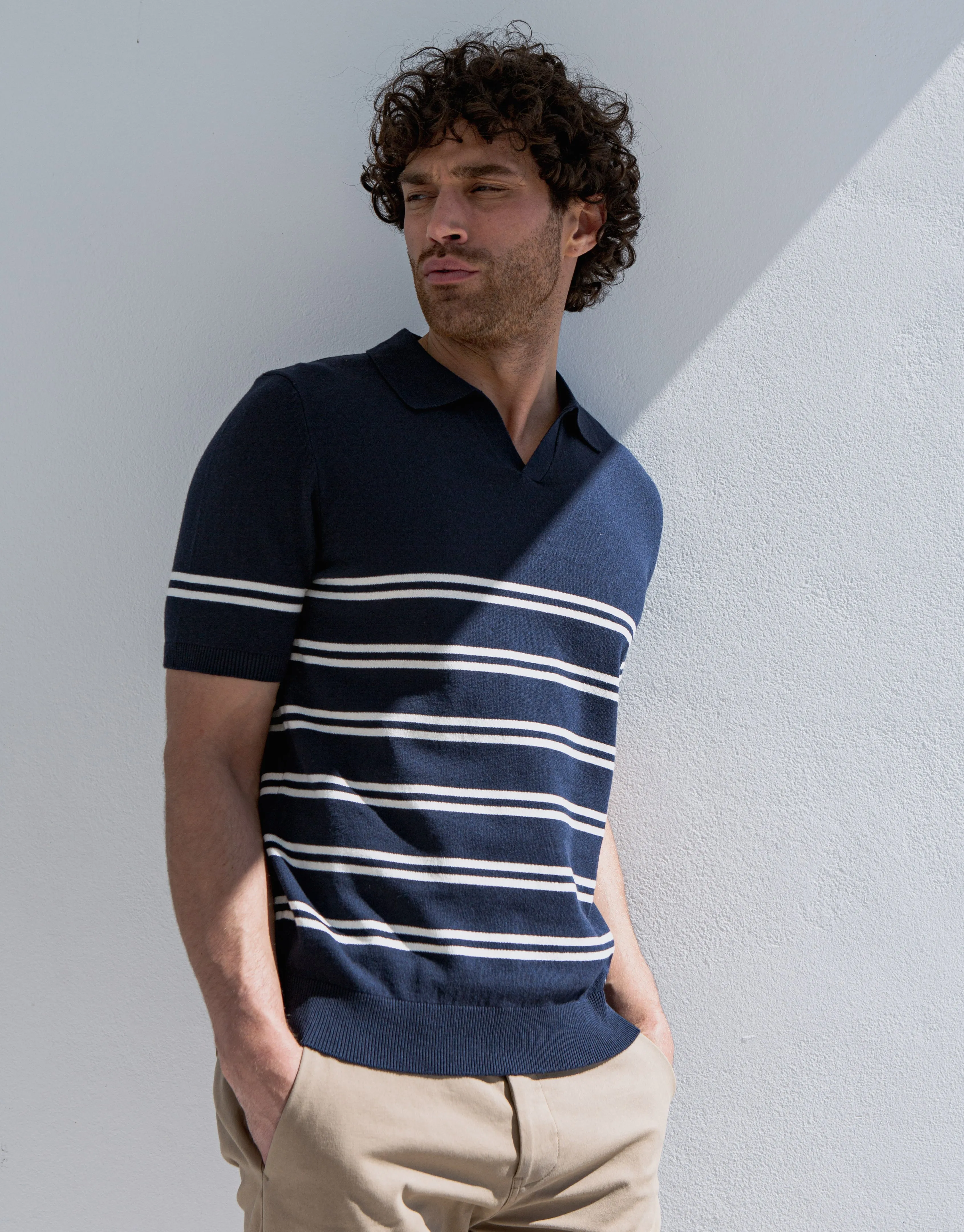Men's Navy Striped Knitted Polo sold by Threadbare