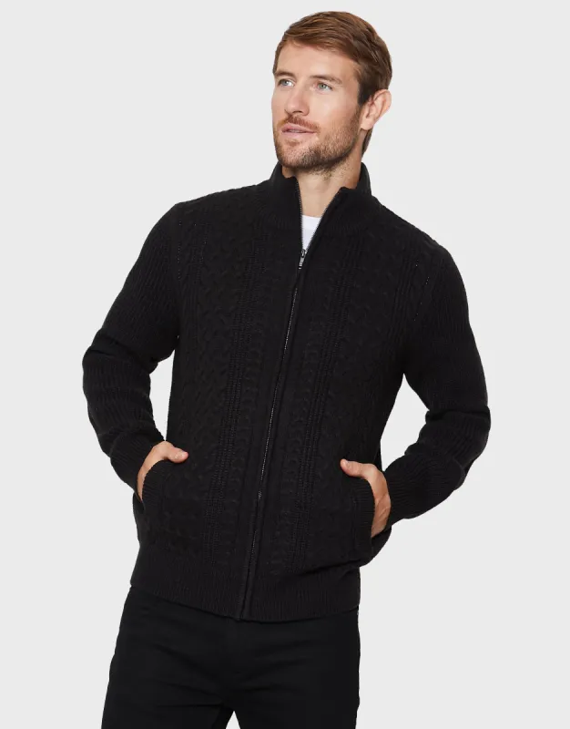 Men's Black Cable Knit Zip Up Cardigan sold by Threadbare