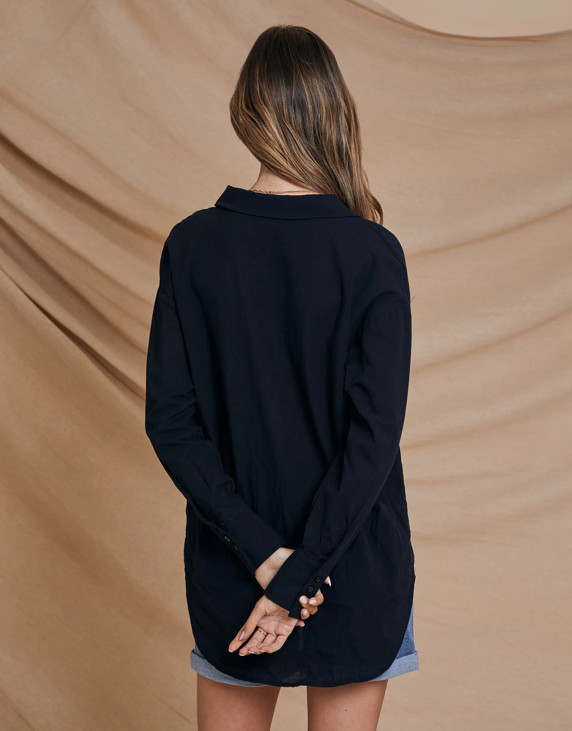 Women's Black Longline Linen Look Cotton Shirt sold by Threadbare product image thumbnail 3