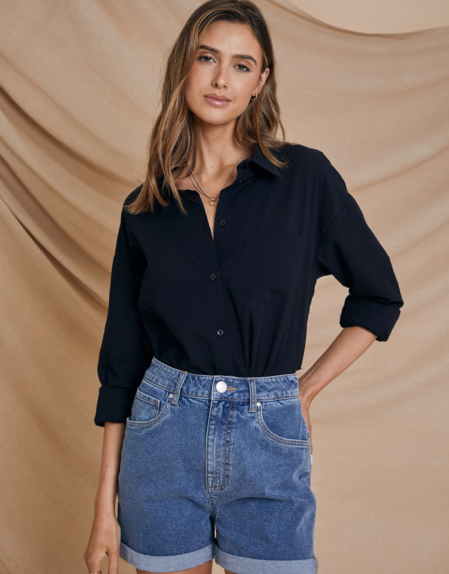 Women's Black Longline Linen Look Cotton Shirt sold by Threadbare product image thumbnail 2