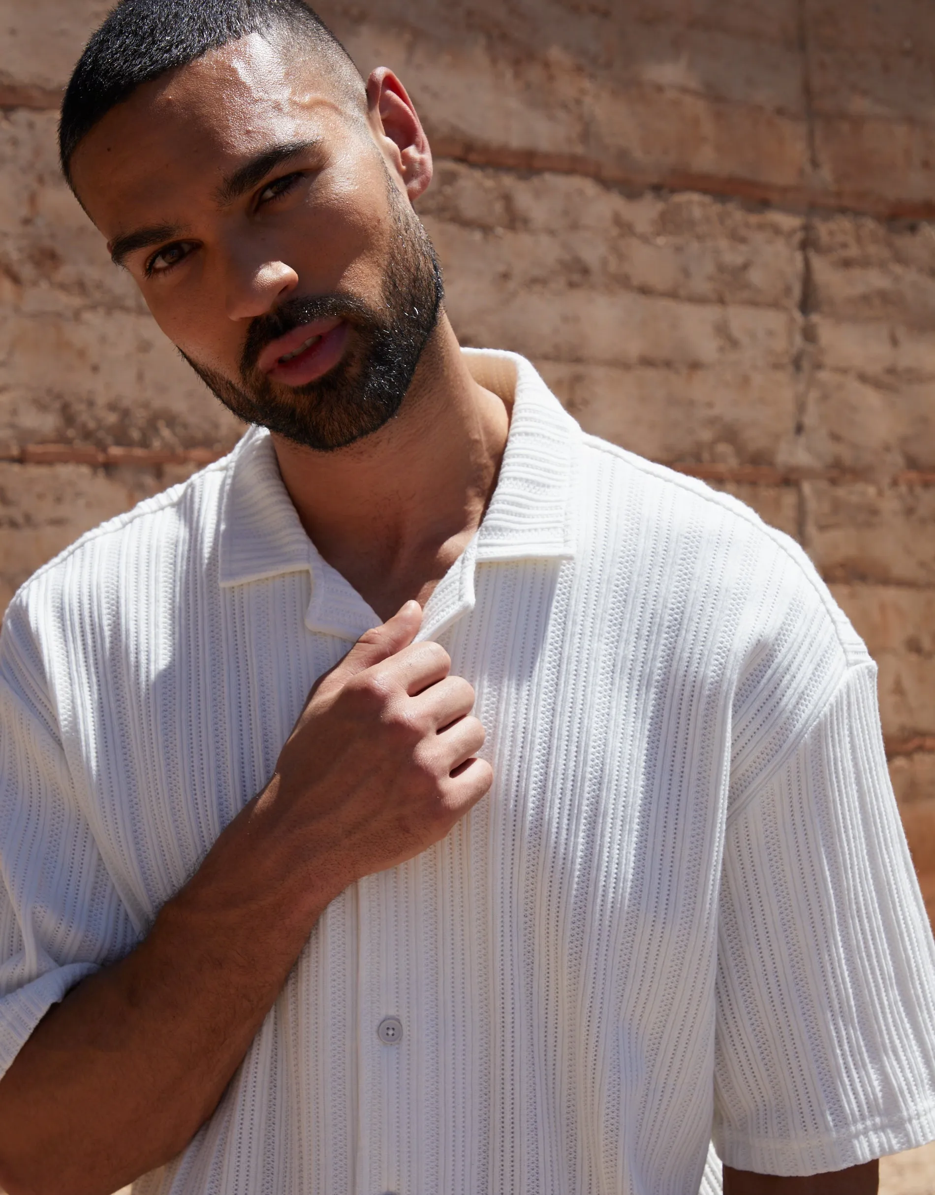 Men's Off White Textured Stripe Short Sleeve Shirt sold by Threadbare product image thumbnail 4