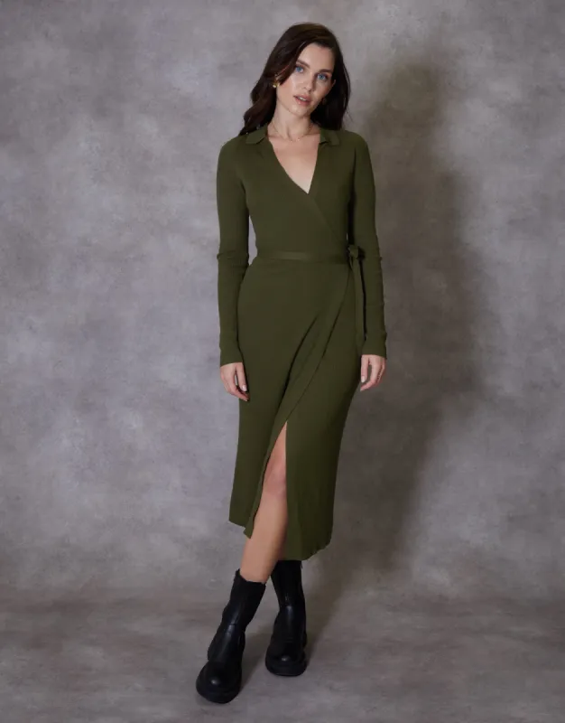 Women's Olive Ribbed Wrap Tie Dress sold by Threadbare