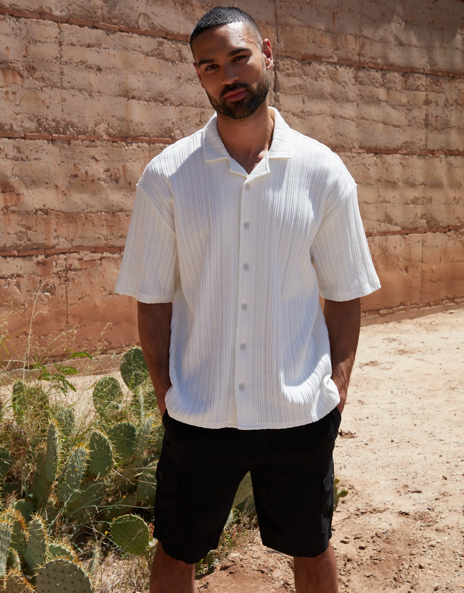 Men's Off White Textured Stripe Short Sleeve Shirt sold by Threadbare