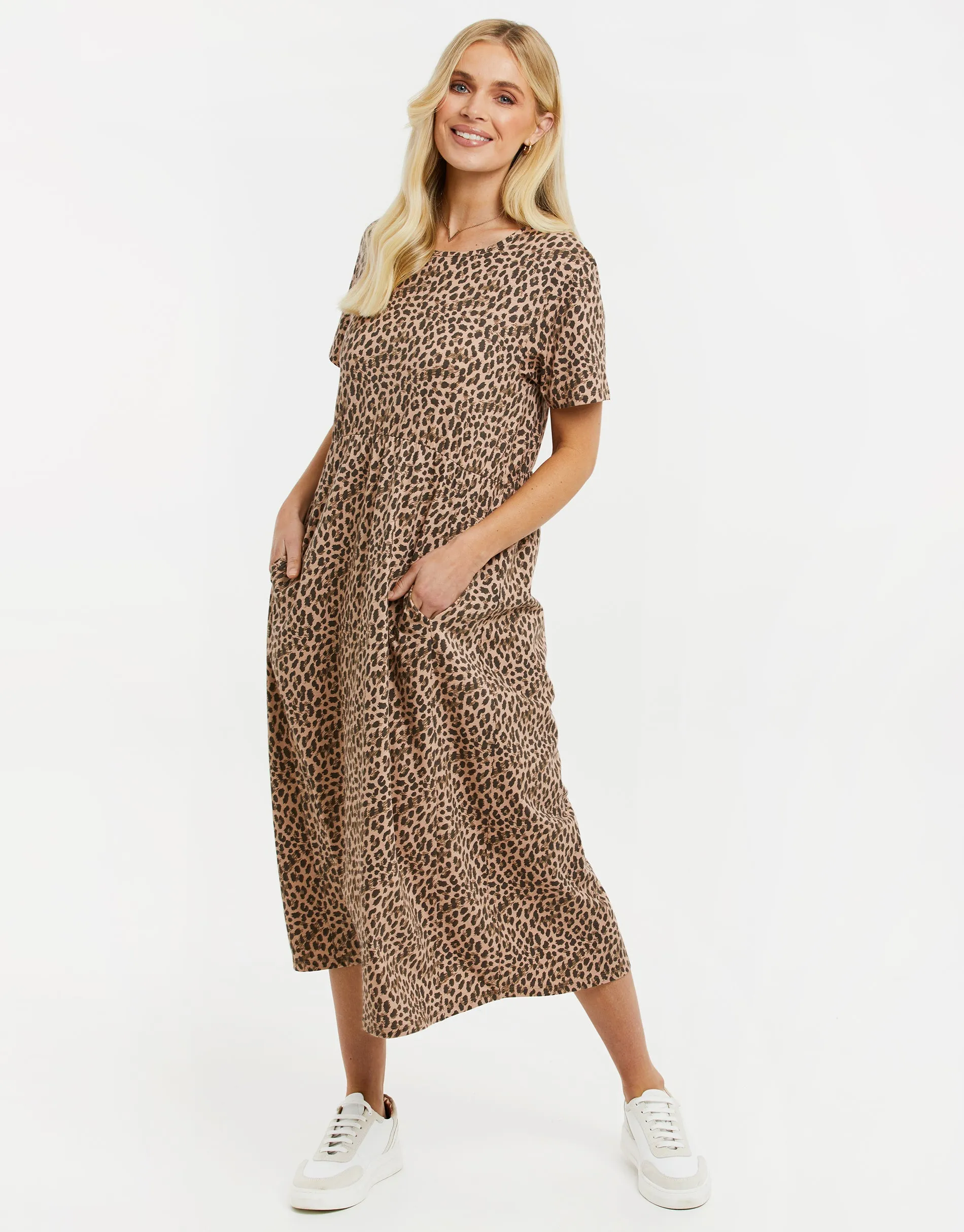 Women's Tan Leopard Print Midi Smock Dress with Pockets sold by Threadbare product image thumbnail 3