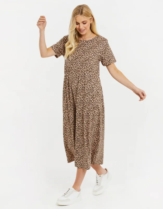 Women's Tan Leopard Print Midi Smock Dress with Pockets sold by Threadbare