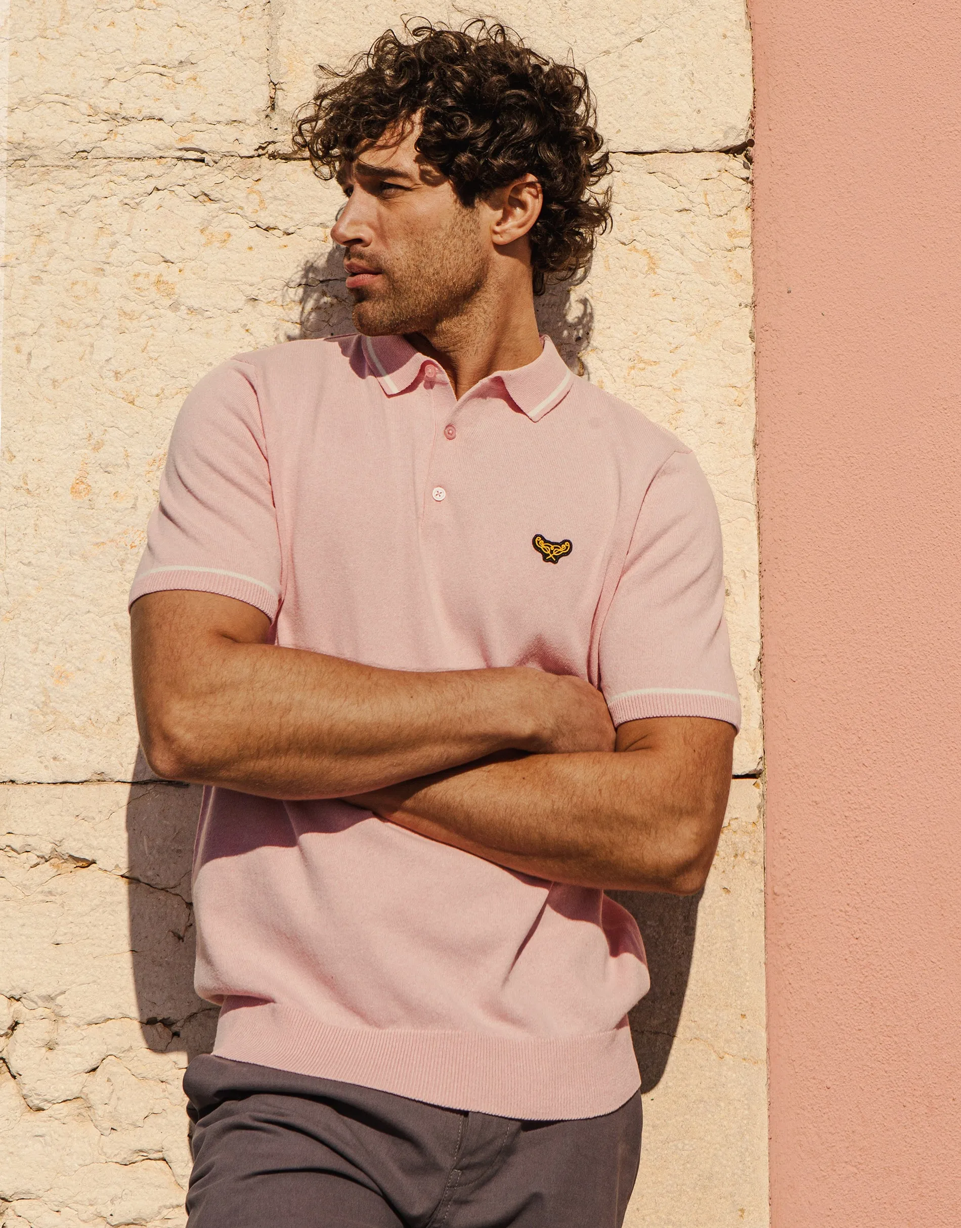 Men's Vintage Pink Tipping Button Collar Knitted Polo sold by Threadbare