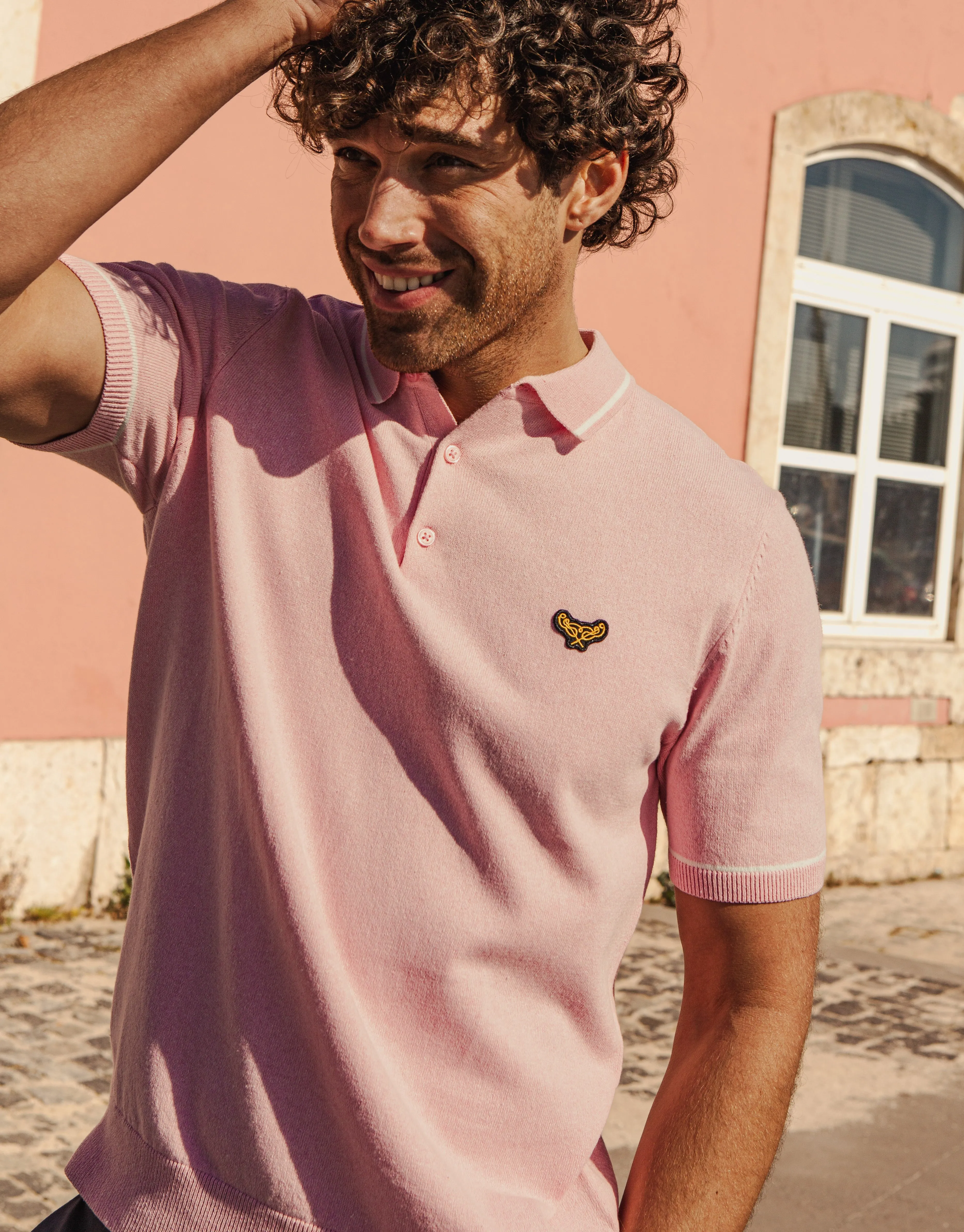 Men's Vintage Pink Tipping Button Collar Knitted Polo sold by Threadbare product image thumbnail 4