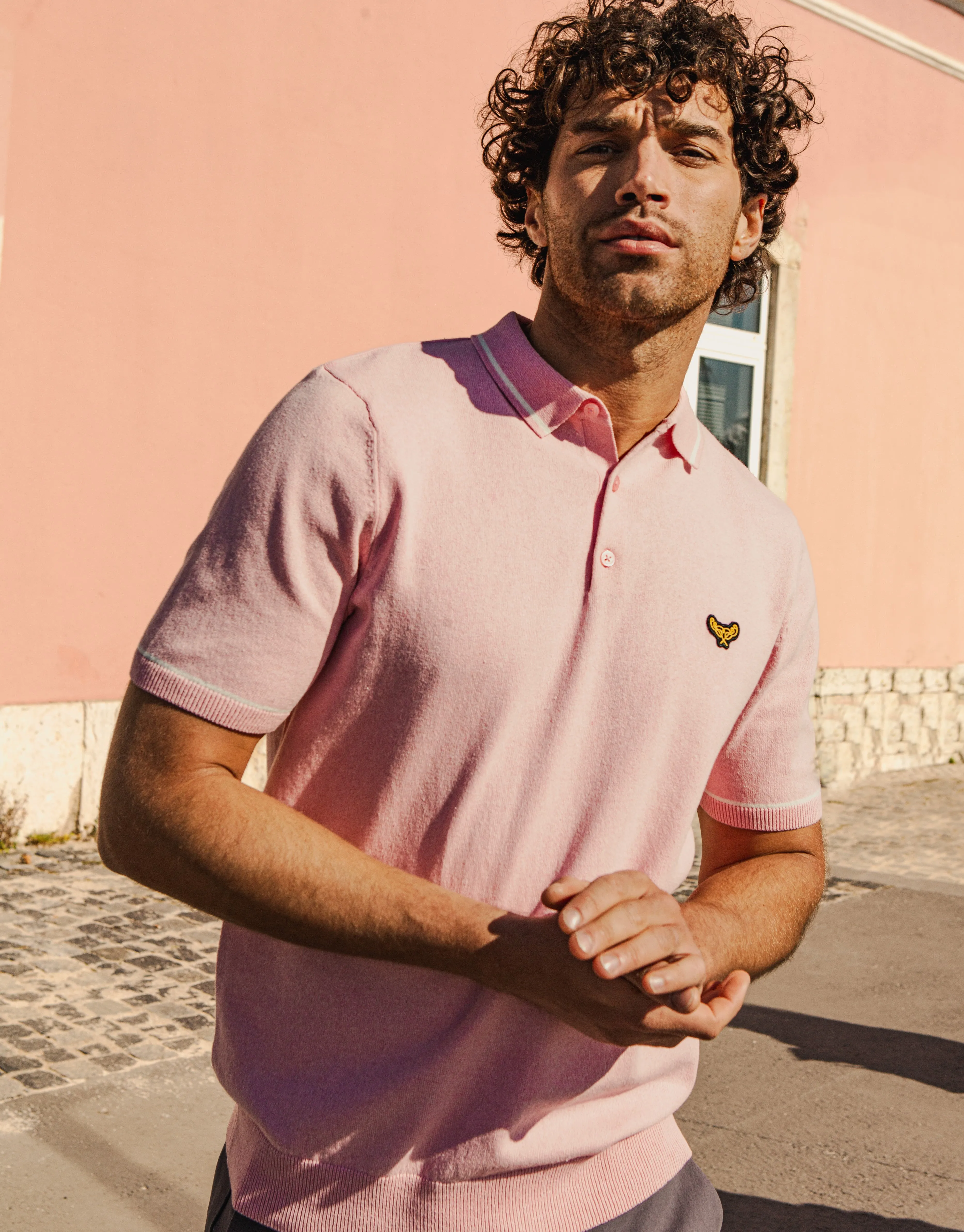 Men's Vintage Pink Tipping Button Collar Knitted Polo sold by Threadbare product image thumbnail 3