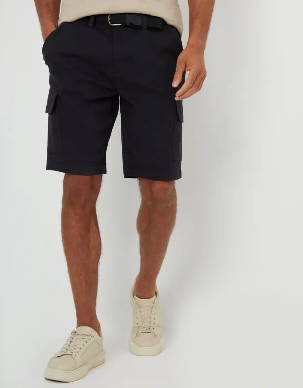 Men's Black Belted Chino Cargo Shorts sold by Threadbare
