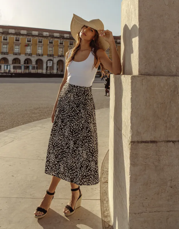 Women's Black Abstract Dot Button Down Midi Skirt sold by Threadbare