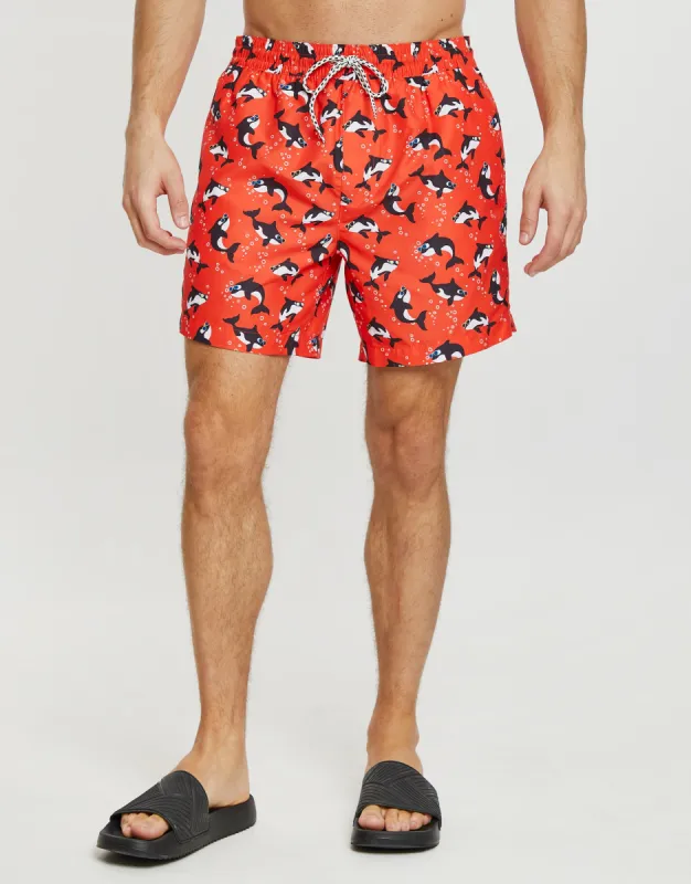 Red Killer Whale Print Swim Shorts sold by Threadbare