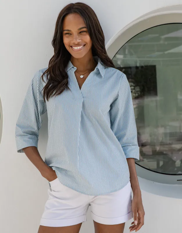 Women's Blue Stripe Cotton Poplin V Neck Open Collar Shirt sold by Threadbare