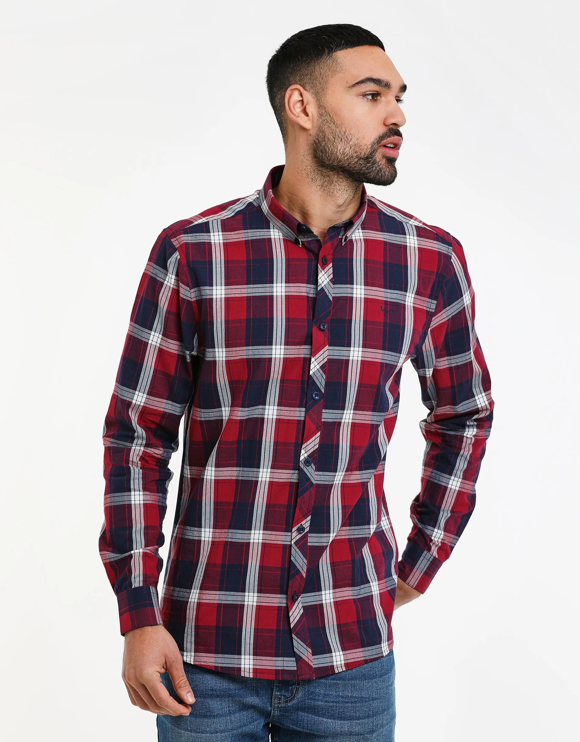 Men's Red Florence Check Long Sleeve Shirt sold by Threadbare