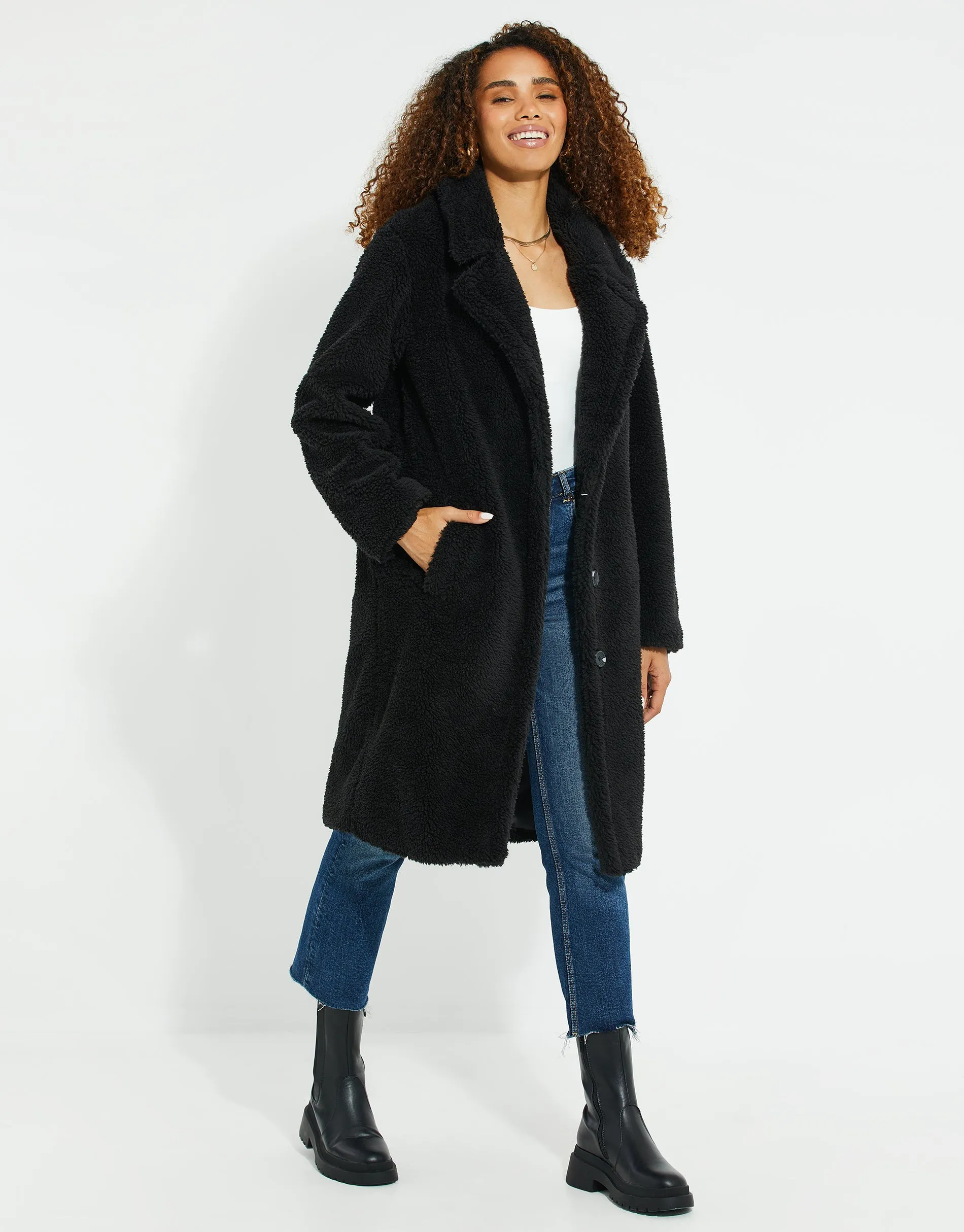 Women's Black Faux Borg Teddy Coat sold by Threadbare product image thumbnail 4