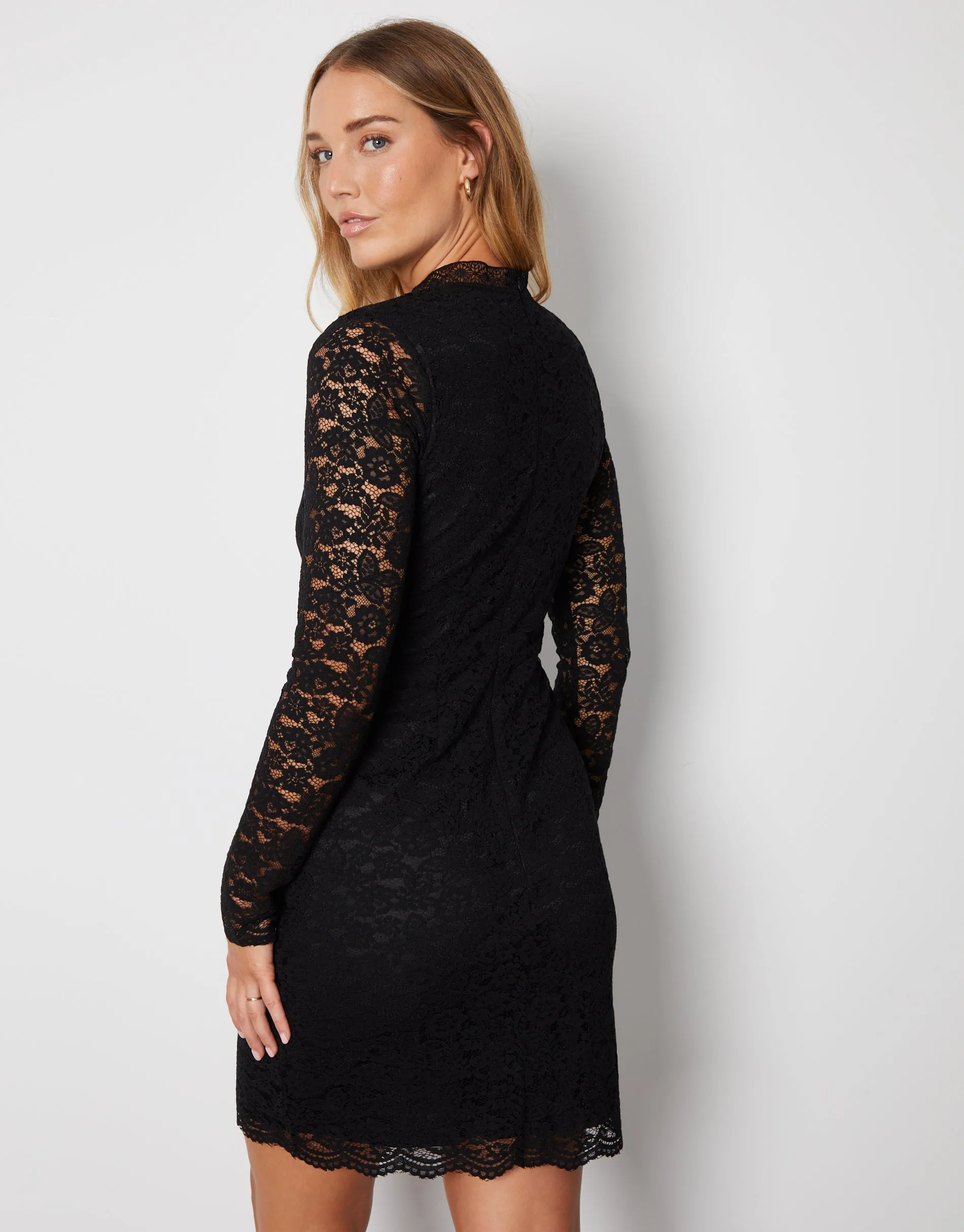 Women's Black Lace High Neck Scalloped Edge Mini Dress sold by Threadbare product image thumbnail 3