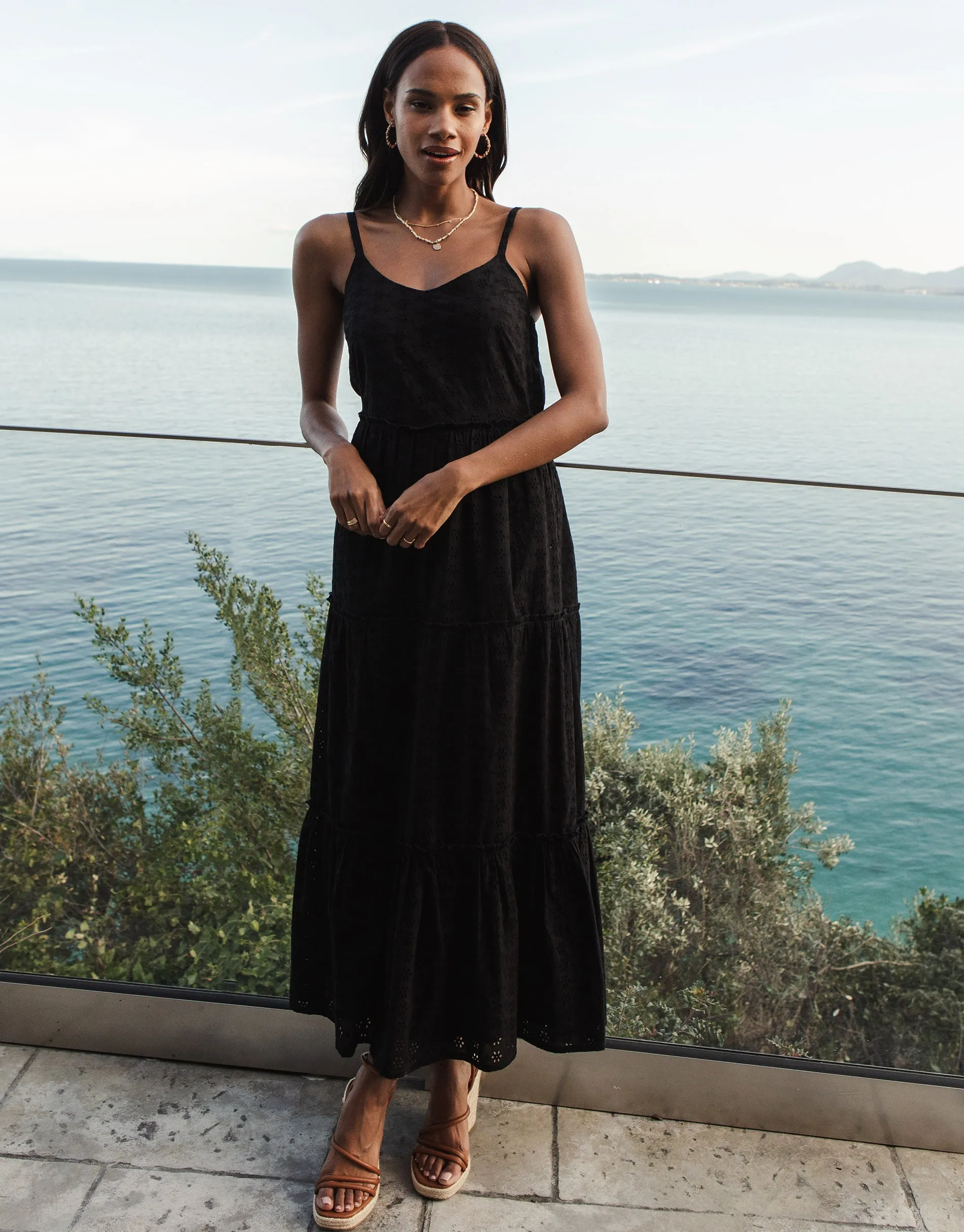 Women's Black Broderie Anglaise Cami Strap Tiered Maxi Dress sold by Threadbare product image thumbnail 3