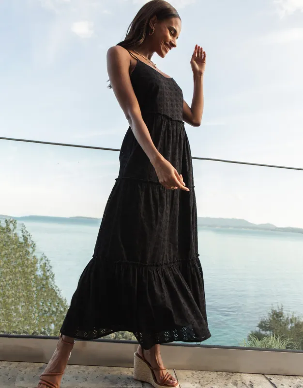 Women's Black Broderie Anglaise Cami Strap Tiered Maxi Dress sold by Threadbare