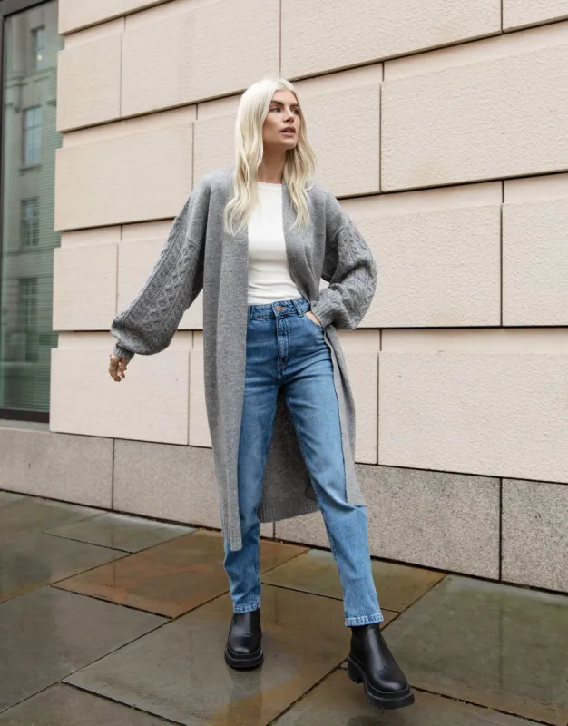 Women's Grey Longline Cable Knit Cardigan sold by Threadbare