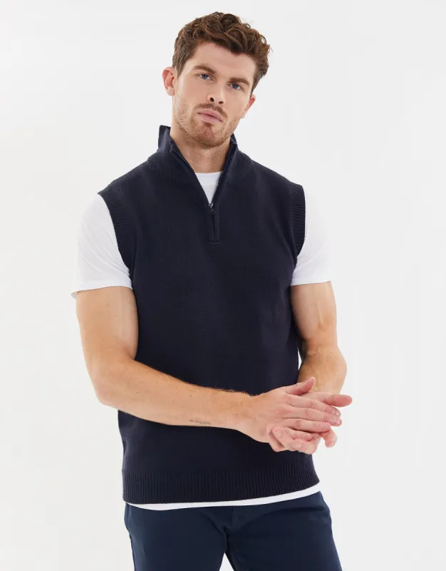 Men's Navy Quarter Zip Knitted Vest sold by Threadbare