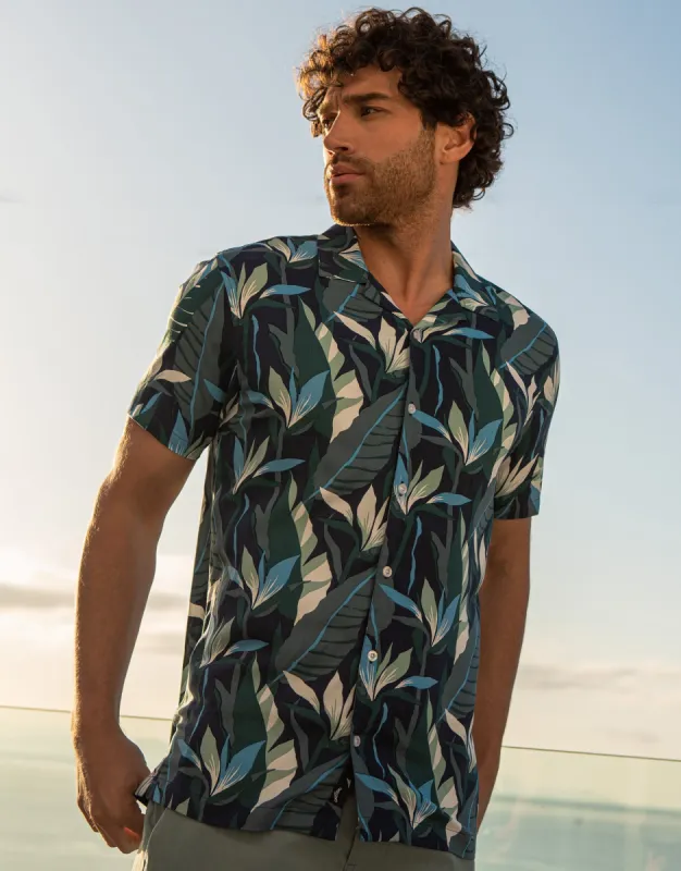 Men's Midnight Blue Palm Print Short Sleeve Shirt sold by Threadbare