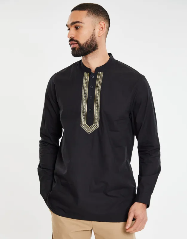 Men's Black Long Sleeve Tunic Kurta Shirt sold by Threadbare