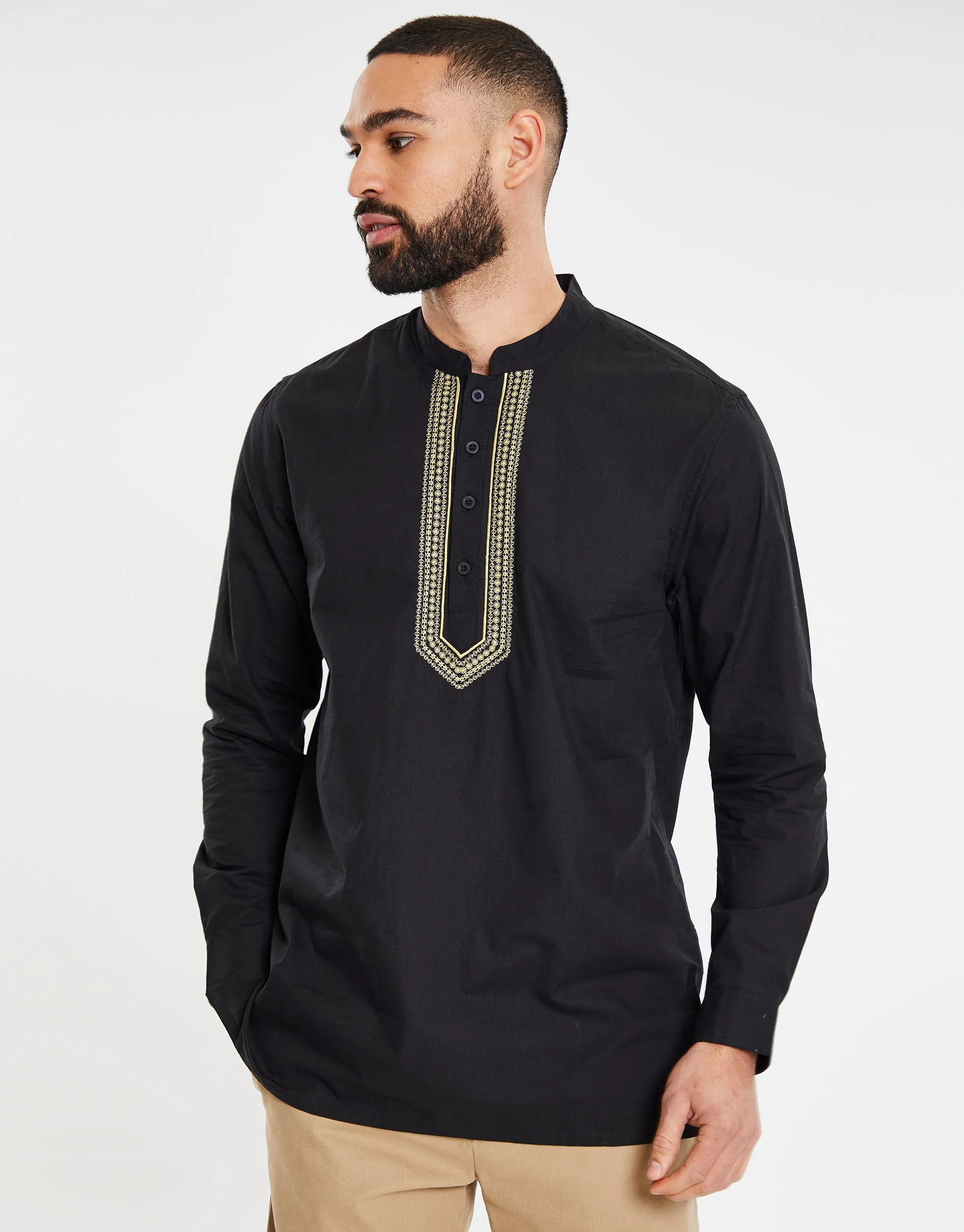 Men's Black Long Sleeve Tunic Kurta Shirt sold by Threadbare