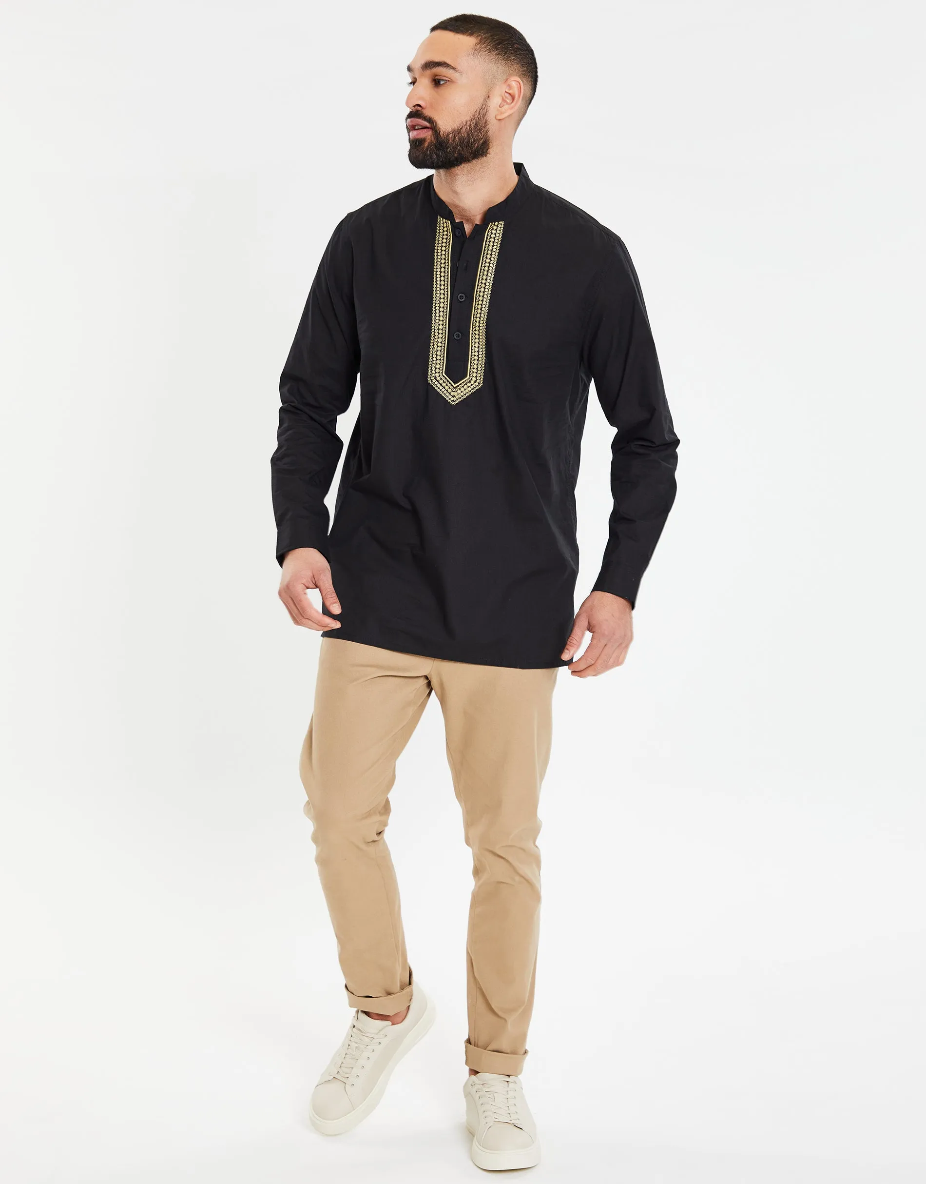 Men's Black Long Sleeve Tunic Kurta Shirt sold by Threadbare product image thumbnail 3